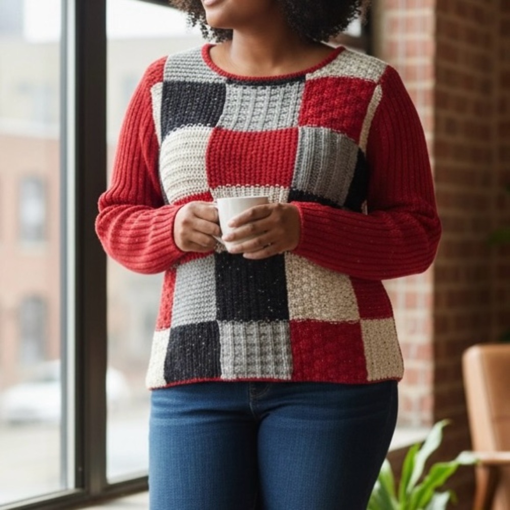 VINTAGE Liz Claiborne Villager Sport 2X Red, Black Gray Patchwork Knit Sweater
